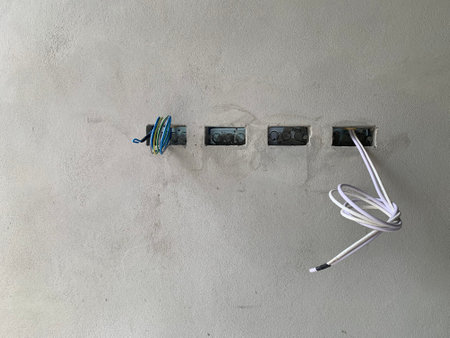 electricity plug and socket on concrete wall with copy space for text