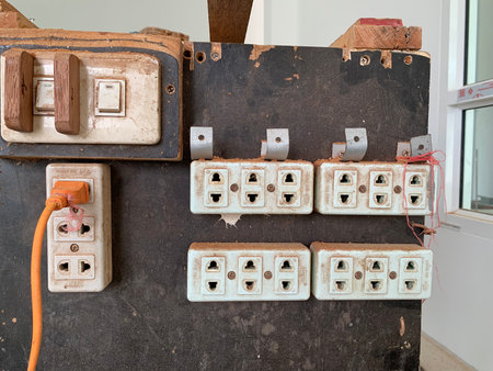 Old electrical outlet on a wall in an old house, closeup of photo