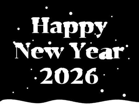Happy New Year 2026 lettering. White inscription on black background.