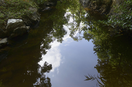 Photo reflections in water of sky white cloud and tree on waterfall lagoons. (soft focus)の写真素材