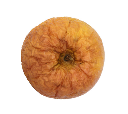 Withered old apple which has wrinkles on white background, top view and soft focused.の写真素材
