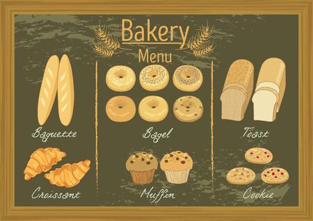 Vector bakery  products on blackboard menu template for cafe or coffee  shop.のイラスト素材