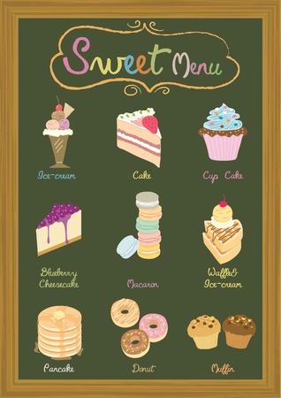 Vector dessert products on blackboard menu template for cafesweet shop.のイラスト素材