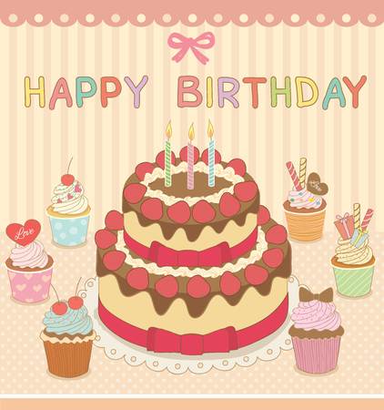 Vector drawing cakecupcakes candles in the birthday party.Decoration with ribbon and happy birthday copy.Pastel color theme.のイラスト素材