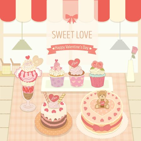 Vector the cakes and ice cream  in the bakery cafe shop.Cute theme and pastel color.のイラスト素材
