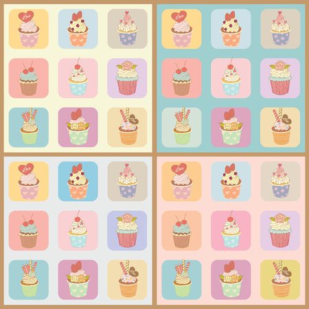 Vector of the cupcakes in the boxes for pattern with four background colors.のイラスト素材