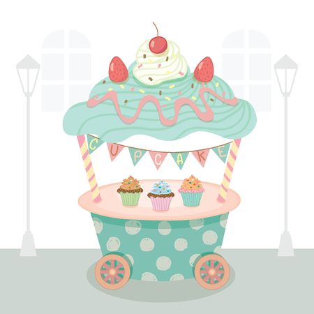 Vector cupcake push cart on street background.Pastel color on blue and pink cute style.Decoration with triangle flags.のイラスト素材