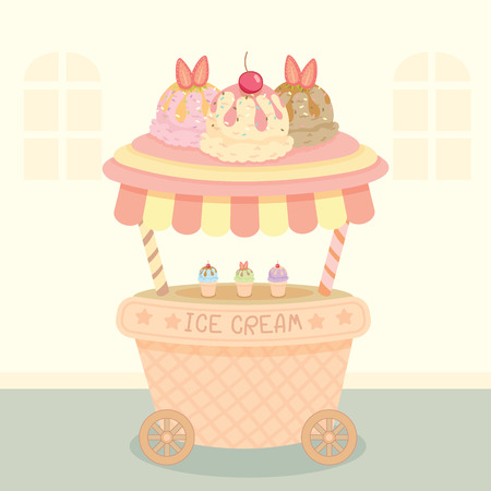 Vector ice cream push cart on street background.Pastel color in pink and cute style.のイラスト素材