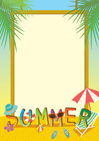 Summer illustration template colorful design with border and beach background.のイラスト素材