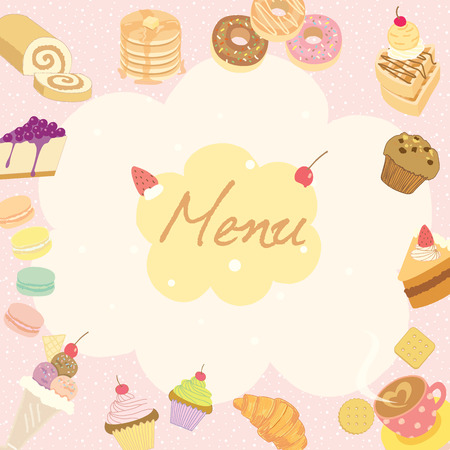 Vector illustration for dessert menu or recipe on the pale pink background surrounded by various sweeties cakes, coffee cups, and bakeries which is suitable for coffee shop poster.のイラスト素材