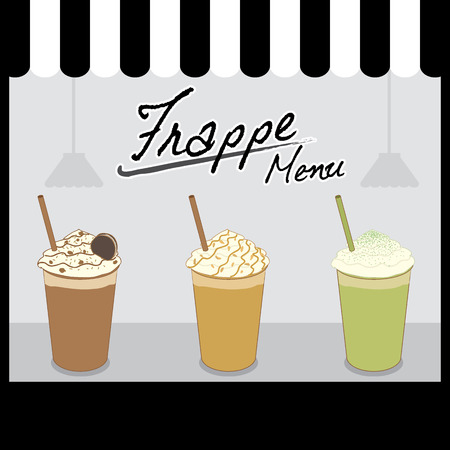 Illustration vector of frappe menu design in black cafe shop.のイラスト素材