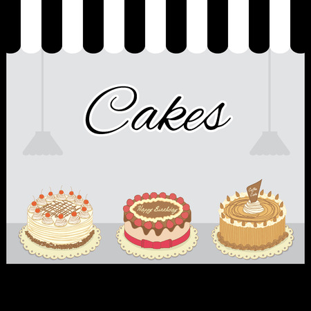 Illustration vector of tree cakes design on black cafe shop.のイラスト素材