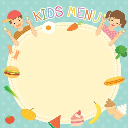 Boy and girl was eating for kids menu template board decoration with ingredient food meal and dessert.  Blank space for your text.Illustration vector cute cartoon.のイラスト素材
