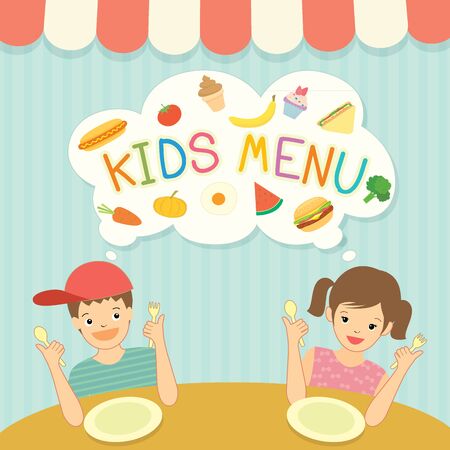 Boy and girl was eating for kids menu template board decoration with ingredient food meal and dessert. .Illustration vector cute cartoon.のイラスト素材