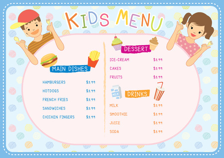 Illustration vector of cute meal kids menu for restaurant in colorful background.のイラスト素材
