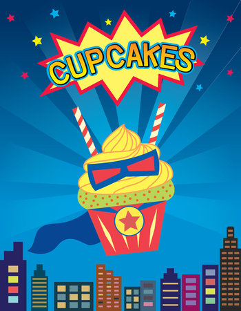 Illustration poster of cupcakes decoration on hero design concept in blue background colors.のイラスト素材