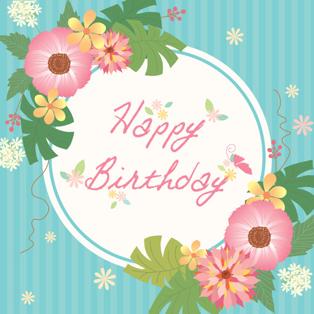 various of flowers decoration with  border frame for happy birthday card  on aqua blue with stripe background.のイラスト素材