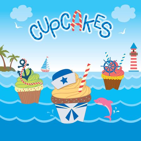 Illustration sailor cupcakes concept design  in ocean background for bakery and cakes cafe.のイラスト素材