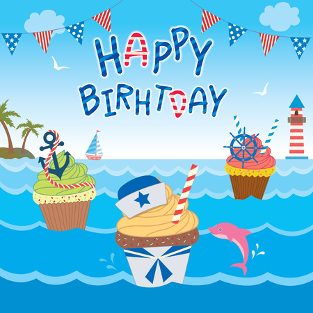 Illustration sailor cupcakes design in ocean background for happy birthday card.のイラスト素材