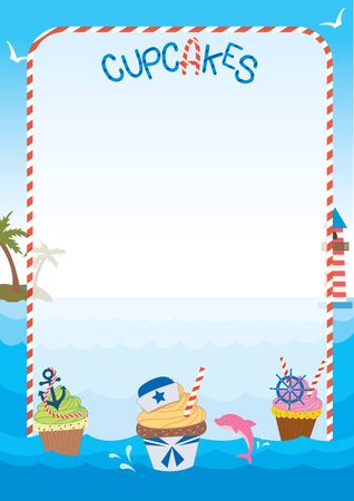Illustration sailor cupcakes concept design in ocean blue background graphic.Menu template for bakery and cakes cafe.Blank for your text or message.のイラスト素材