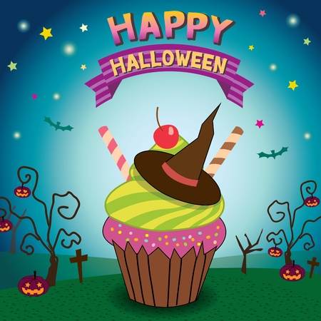 Illustration vector of witch cupcakes  in happy halloween on dark cyan  background colors.のイラスト素材