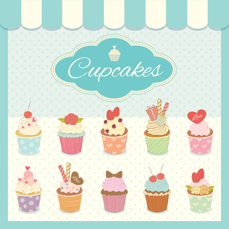 Illustration vector cupcakes menu for cyan bakery cafe shop.のイラスト素材