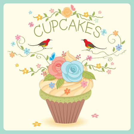 Sweet vector cupcake decoration with flowers and couple birds.のイラスト素材