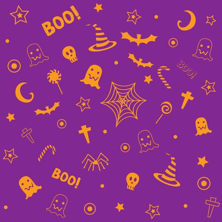 Halloween symbol design decoration into seamless pattern for wallpaper with orange and violet,purple,magenta background colors.のイラスト素材