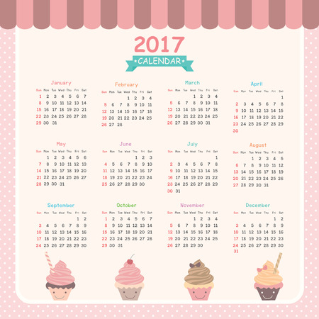 Twelve month of 2017 calendar on cupcakes design concept for bakery cafe shop.Illustration vector of eps 10.のイラスト素材