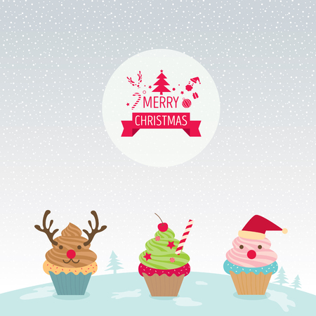 Illustration vector cupcake for merry christmas invitation card party in snowfall background on winter.のイラスト素材