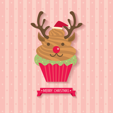 Illustration vector reindeer cupcake for merry christmas card on stripe background.のイラスト素材