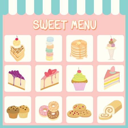 Illustration of sweet menu of dessert for bakery or cafe shop on pastel background colors.のイラスト素材