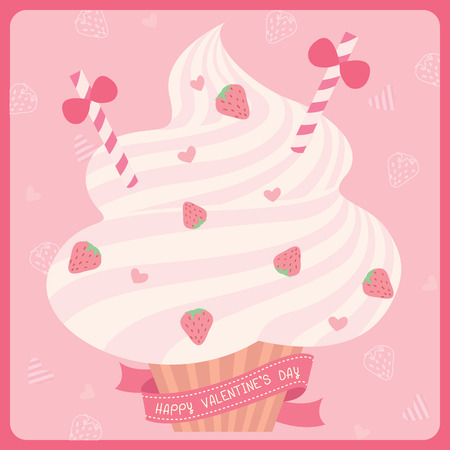 Illustration vector of cupcake strawberry flavour for happy valentine's day card.PInk background colors.のイラスト素材