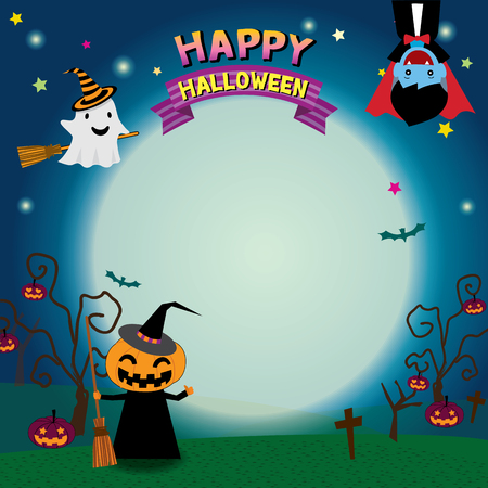 Illustration vector of happy halloween party with little ghost characters on night cemetery background.Blank space for copy text.のイラスト素材