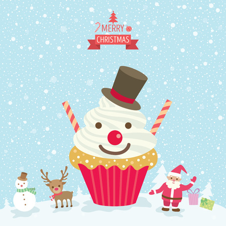 Illustration vector snowman cupcake for merry christmas card party on snow  background.のイラスト素材