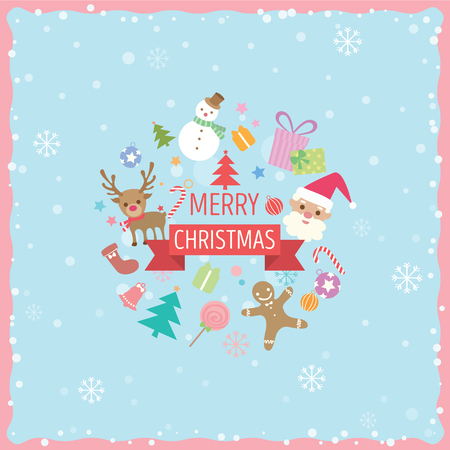 Merry christmas ornament into circle shape decoration on snow background .Illustration vector in pastel colors.のイラスト素材