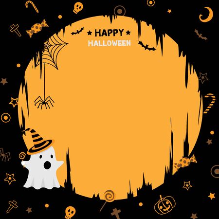 Illustration vector of happy halloween  party template with little cute ghost.Orange and black background colors.Blank for copy text.のイラスト素材