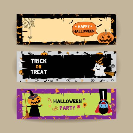 Illustration vector banner set for happy halloween party template with pumpkin monster, ghost and cute vampire.のイラスト素材