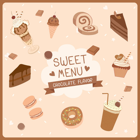 Chocolate flavour of sweet dessert menu for restaurant and cafe shop.Brown  pastel colors.Illustration vector.のイラスト素材