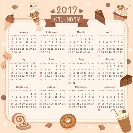 Twelve month of 2017 calendar template design.Chocolate flavor of bakery dessert and drink beverage for restaurant, cafe shop.Illustration vector in brown pastel background colors.のイラスト素材