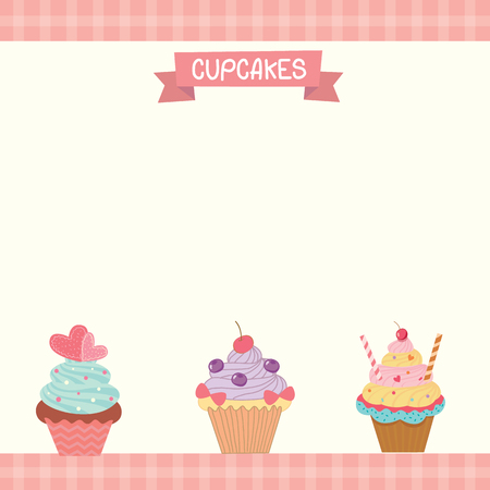 Vector of cute cupcakes menu template decorated with tartan and  pink pastel colors.のイラスト素材