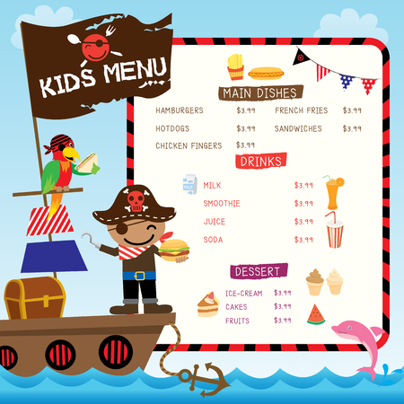 Illustration vector of cute pirate kids with ship on ocean sea background for menu templateのイラスト素材