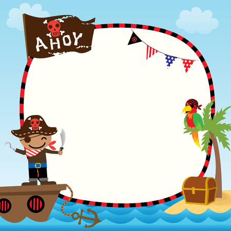 Illustration vector of cute kids  pirate with ship on ocean sea background for template.Blank to space.のイラスト素材
