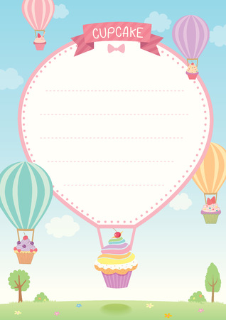 Cute cupcakes decorated with hot air balloon flying on sky background design for menu and template.のイラスト素材