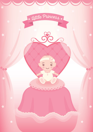 Illustration vector of baby sitting on princess chair decorated with curtain in the room design for new born girls to baby shower invitation and greeting card.のイラスト素材