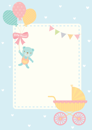 Cute baby shower greeting card for new born decorated with baby carriage and bear doll hold balloons on blue pastel color for background template.のイラスト素材