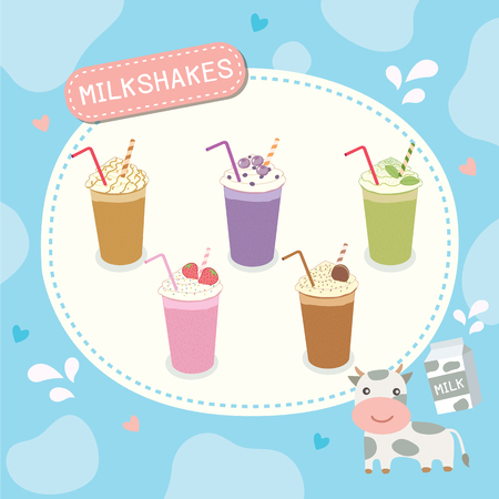 Milkshakes various flavor menu board design with cow skin texture on blue background colors and decorated with little cute cow and milk box.のイラスト素材