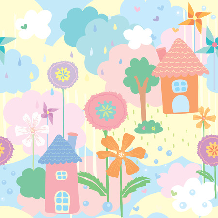 Cute seamless pattern wallpaper of house, flower and tree decorated with pinwheel on natural background in pastel colors.のイラスト素材