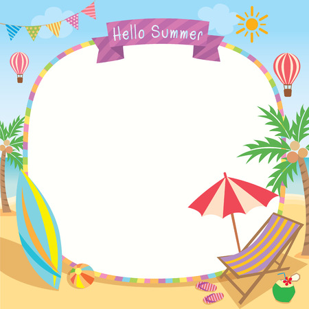 Hello summer decorated with surfboard umbrella and deck chair on beach background design with border frame for template.のイラスト素材