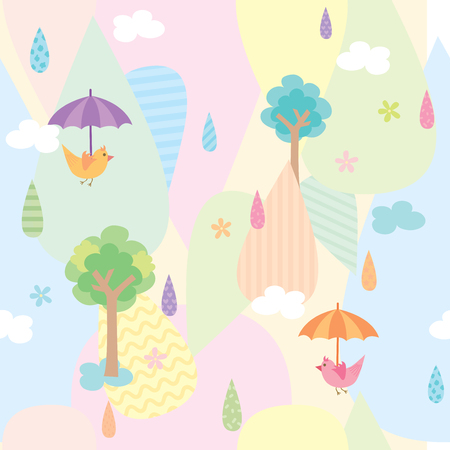 Illustration vector of cute rainy seamless pattern background decorated with rain drop tree and birds holding umbrella on sweet pastel colors.のイラスト素材